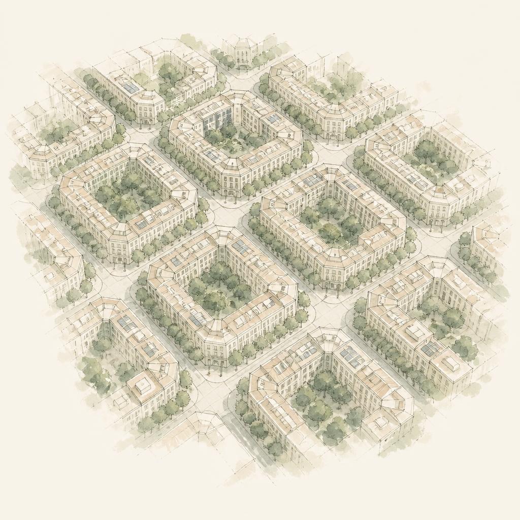 Ilustración del Eixample de Barcelona con edificios eficientes, paneles solares y patios verdes