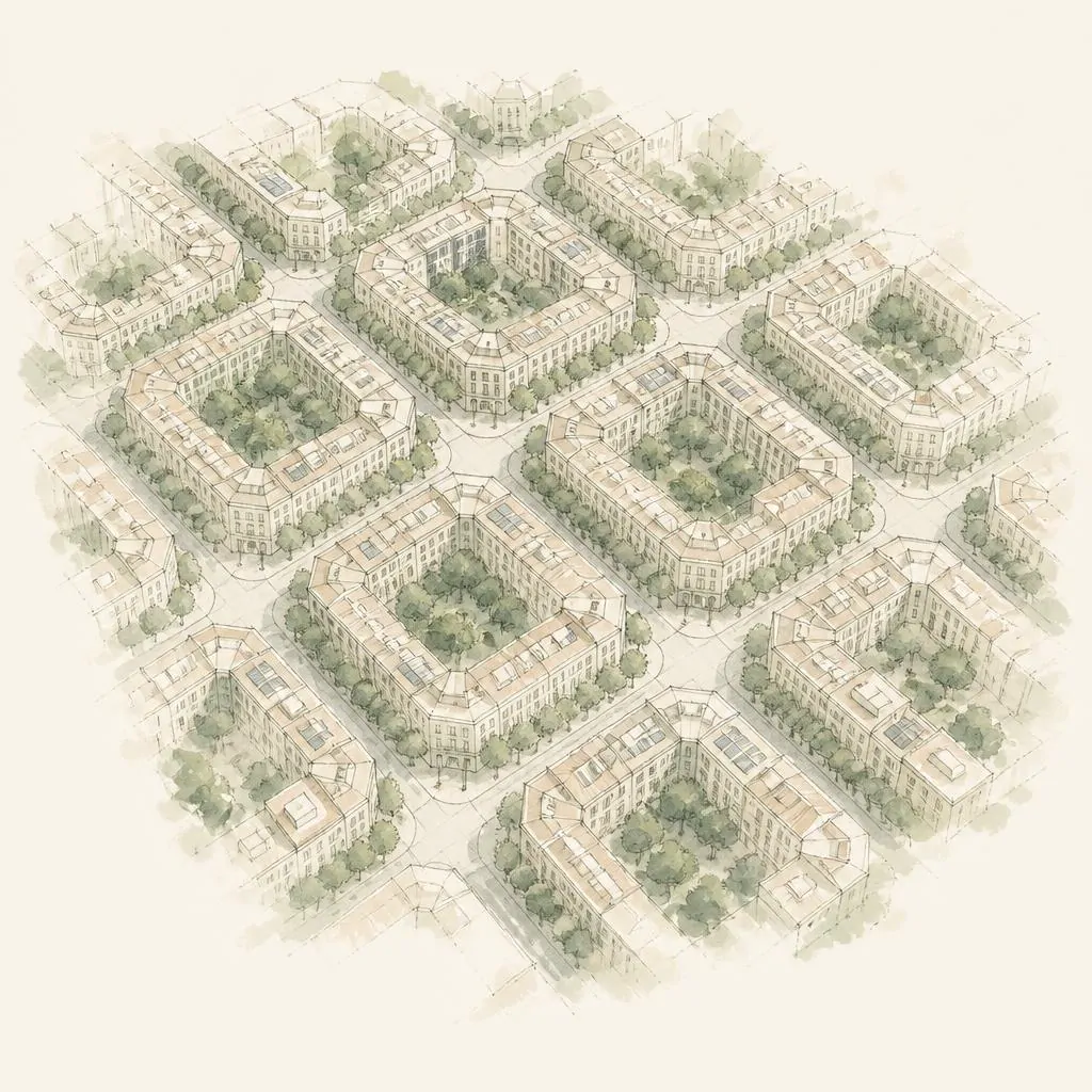 Ilustración del Eixample de Barcelona con edificios eficientes, paneles solares y patios verdes