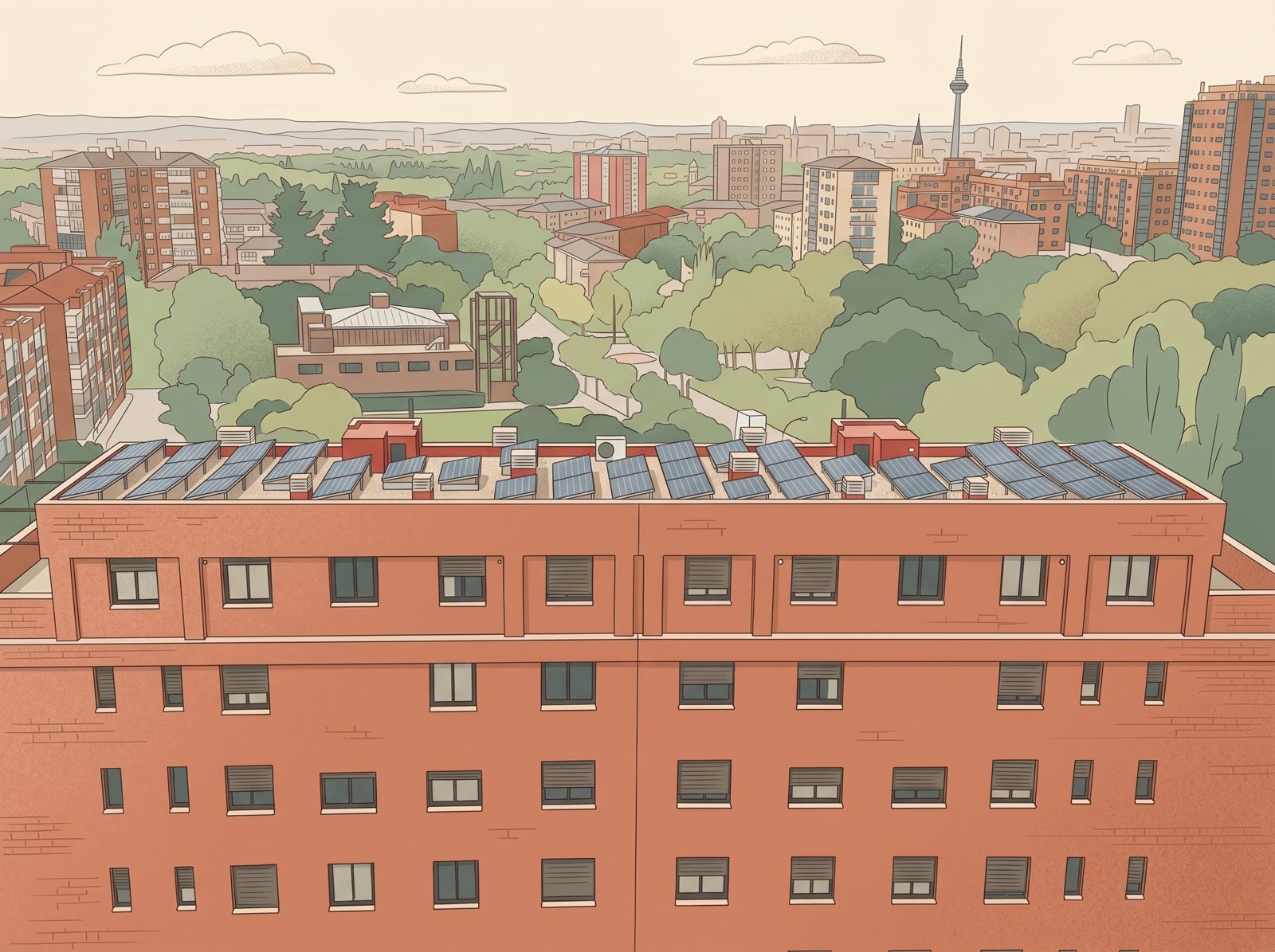 Ilustración de un edificio de viviendas con instalación de placas solares en la cubierta